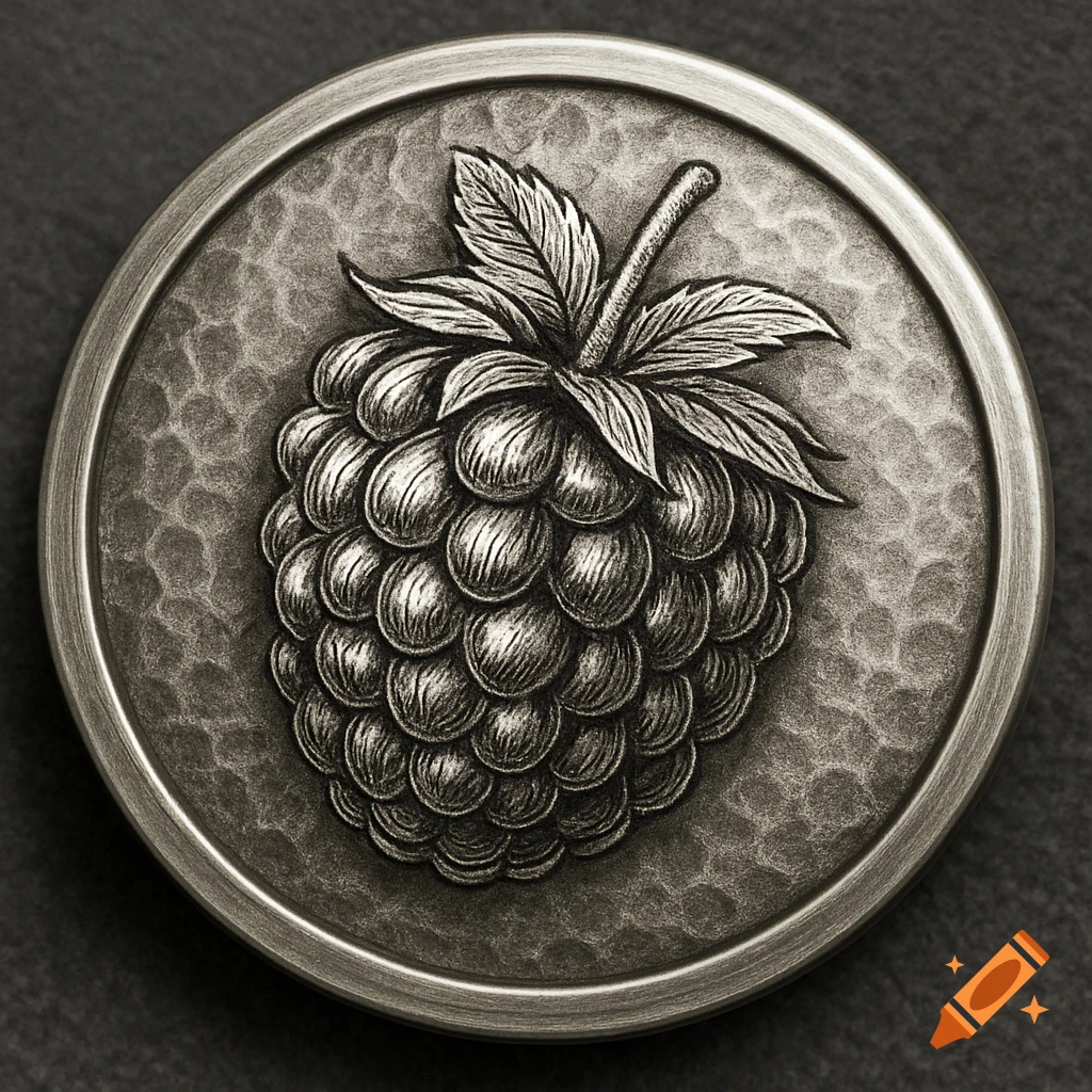 A circular, textured metal button features a detailed, etched engraving of a raspberry with leaves.