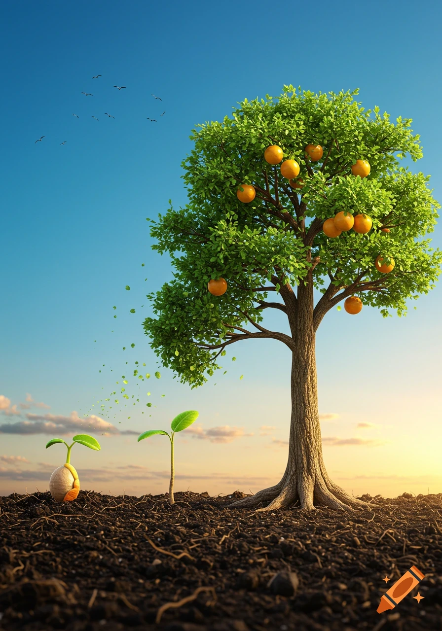 A tiny seed and two sprouts grow beside a majestic, fruit-bearing orange tree in rich soil under a vibrant sky with a sunset.