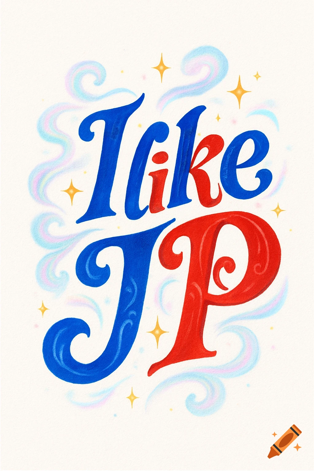 Decorative lettering illustration with "I like JP" in bold, stylized blue and red script, surrounded by pastel swirls and sparkling golden stars.