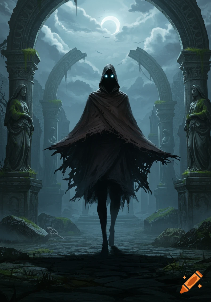 A cloaked shadow figure with glowing eyes stands amidst ancient, moss-covered ruins under a crescent moon in a foggy, dark fantasy scene.