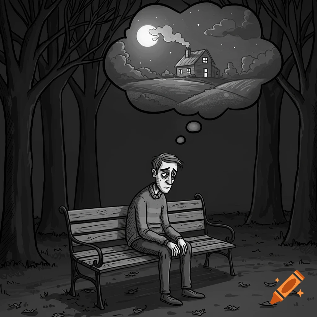 Black-and-white cartoon of a sad man sitting alone on a park bench at night, dreaming of a warm, lit-up house.