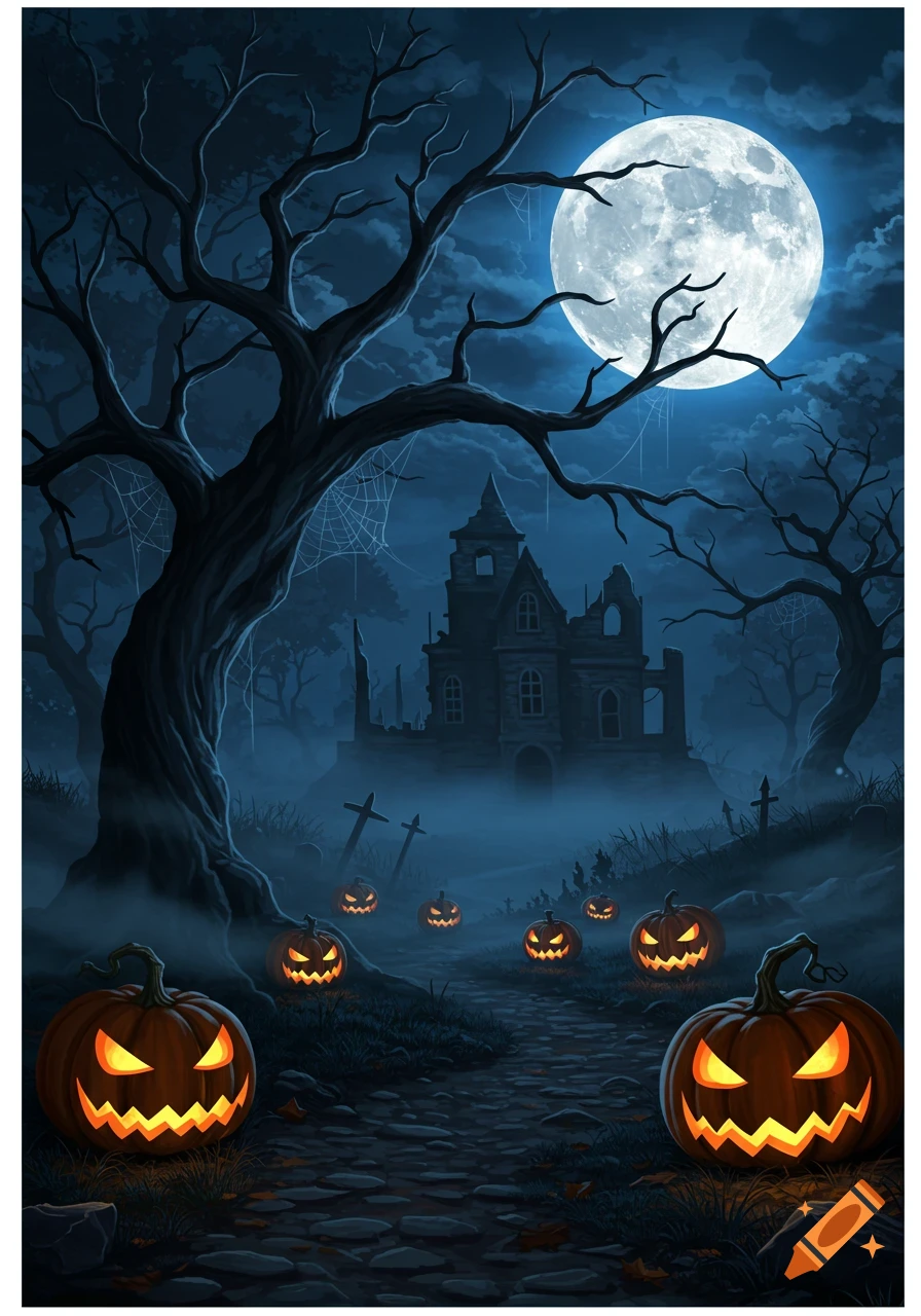 Illustrated Halloween night scene with a spooky haunted house, glowing jack-o'-lanterns, gnarled trees, and a bright full moon.
