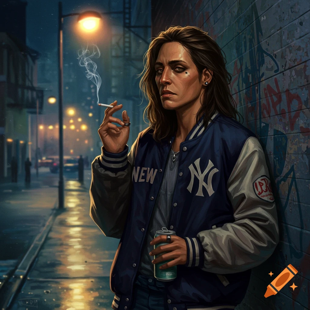 A person with long brown hair, wearing a New York Yankees jacket, smokes a cigarette and holds a green can while leaning against a graffiti-covered wall on a rainy city street at night.