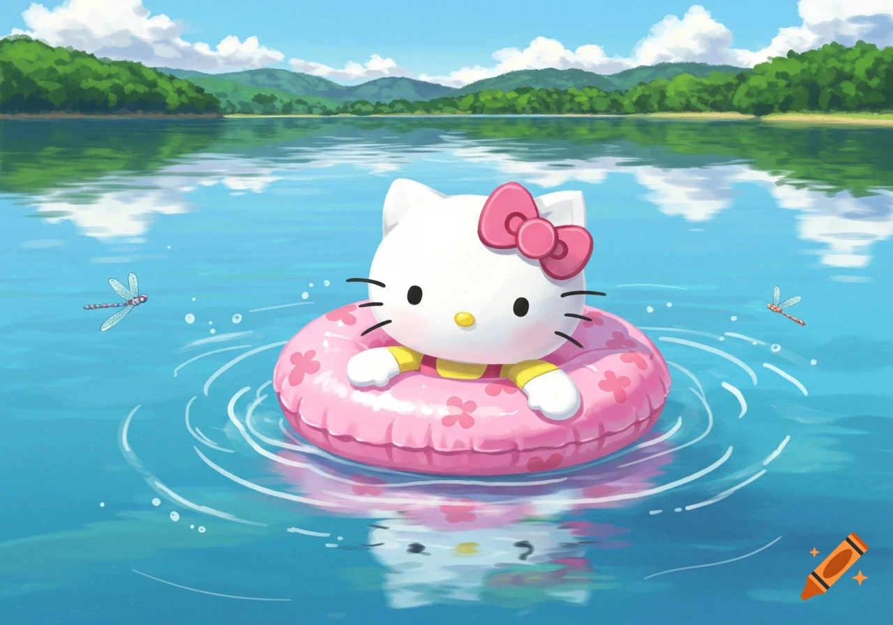 Hello Kitty floats in a pink inner tube on a calm blue lake, with mountains, clouds, and dragonflies in a cute cartoon style.
