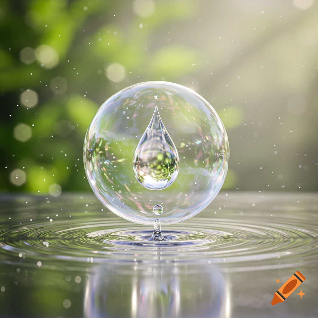 A pristine water droplet suspended inside a clear bubble, reflecting green foliage, above rippling water in bright sunlight.