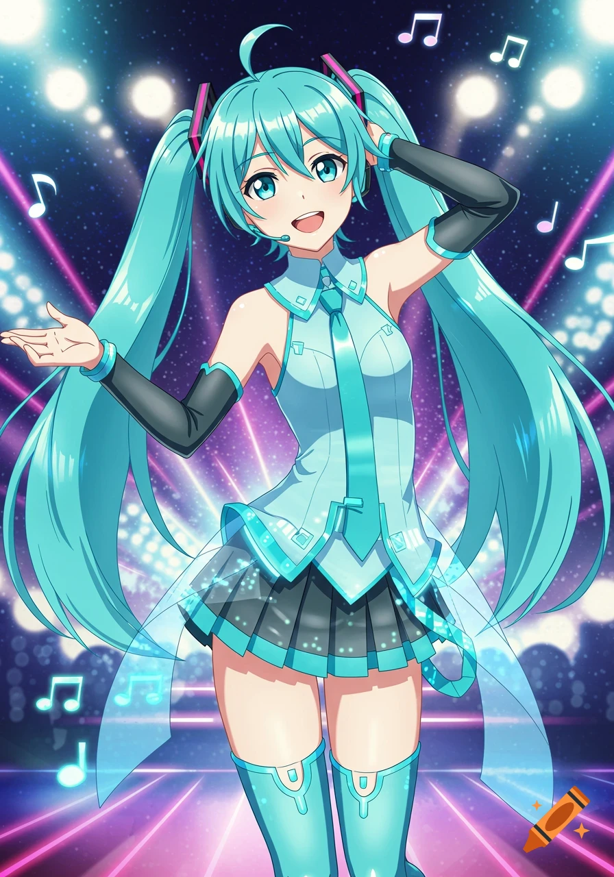 Anime style illustration of Hatsune Miku performing on a stage with glowing lights and musical notes in the background.