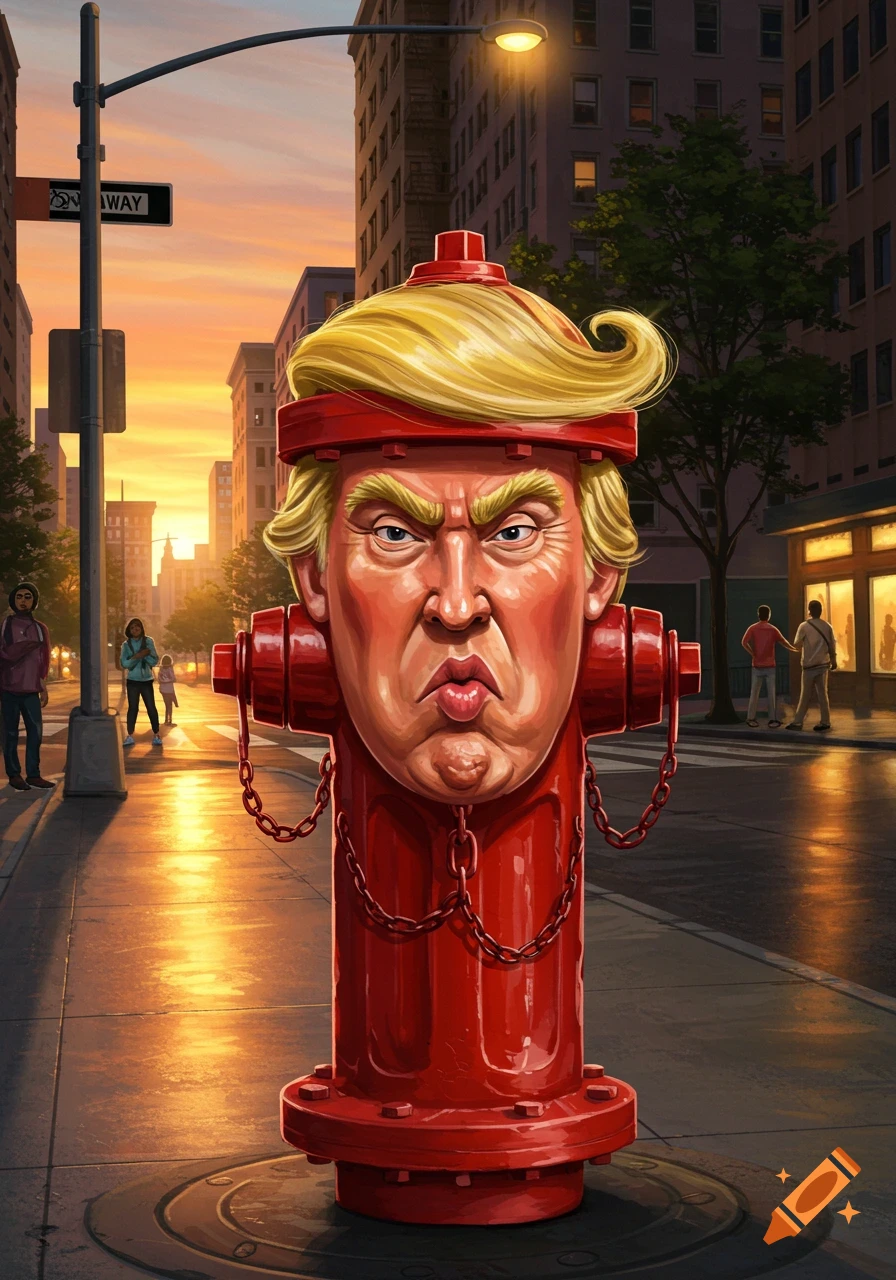 Caricature of Donald Trump's face and blonde hair on a red fire hydrant on a city street at sunset. Illustration.