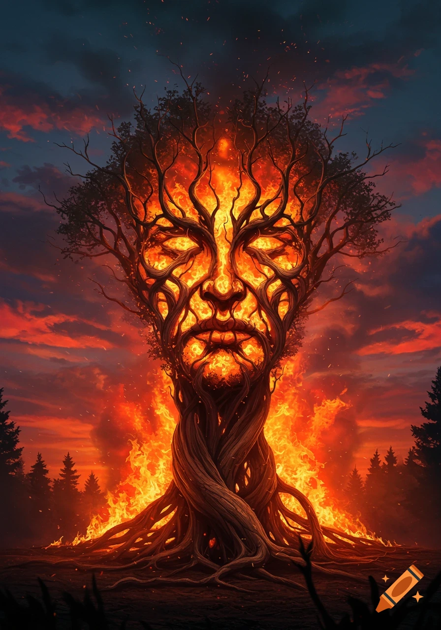 A burning tree with branches and flames forming a majestic masculine face against a fiery sunset and dark forest.