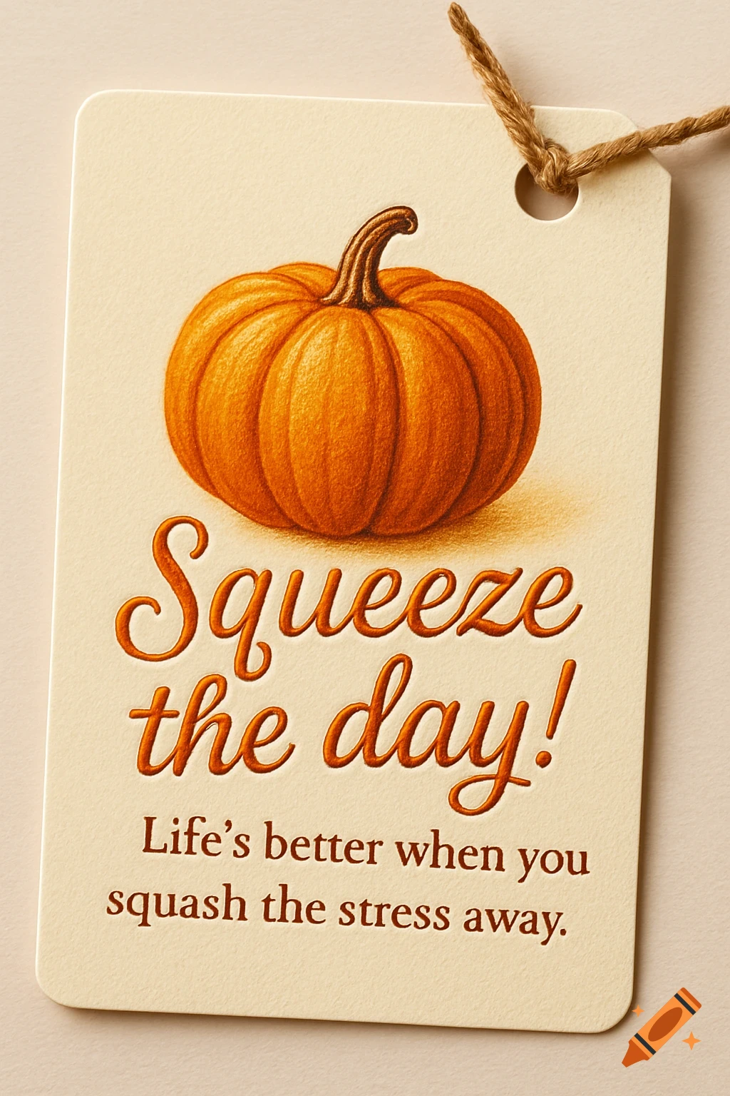 Illustration of an orange pumpkin on a cream-colored gift tag with the text 'Squeeze the day! Life's better when you squash the stress away.' tied with twine.