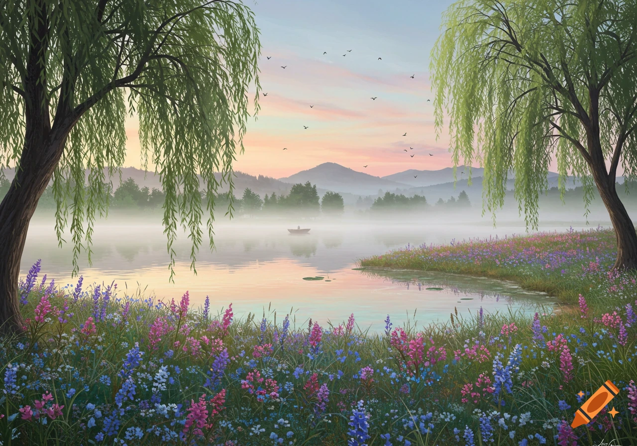 A serene lake at sunrise/sunset with mist-covered mountains, framed by weeping willows and a foreground of colorful wildflowers. A small boat drifts.