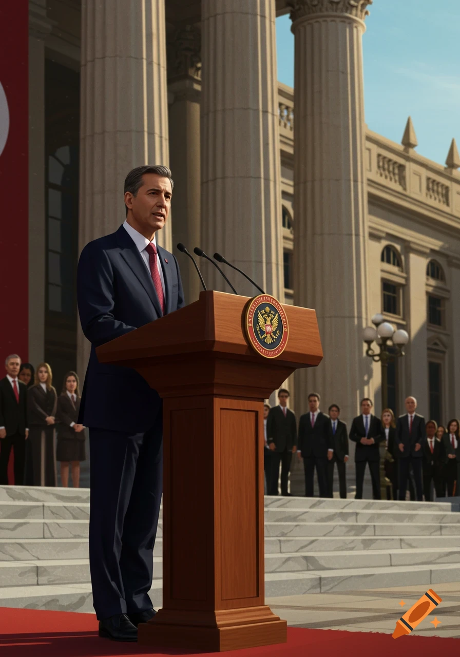 A male politician in a dark suit speaks at a wooden podium with an emblem in front of a grand building with columns, observed by others.