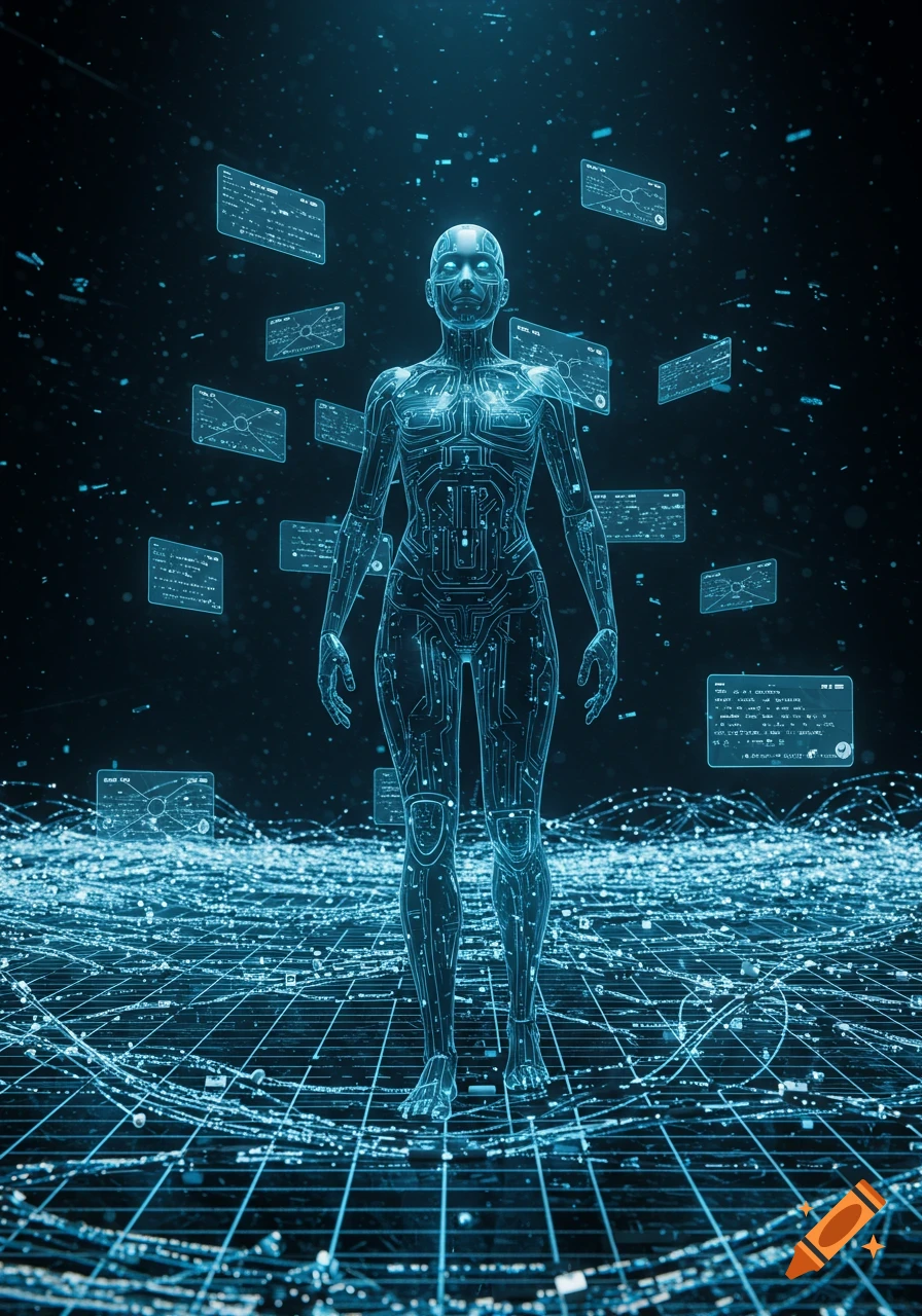 A glowing, circuit-patterned humanoid figure stands in a dark digital space surrounded by floating data screens, in a futuristic, sci-fi style.