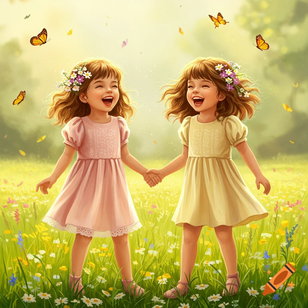 Two happy young girls with flower crowns holding hands and laughing in a sunlit meadow with wildflowers and butterflies.