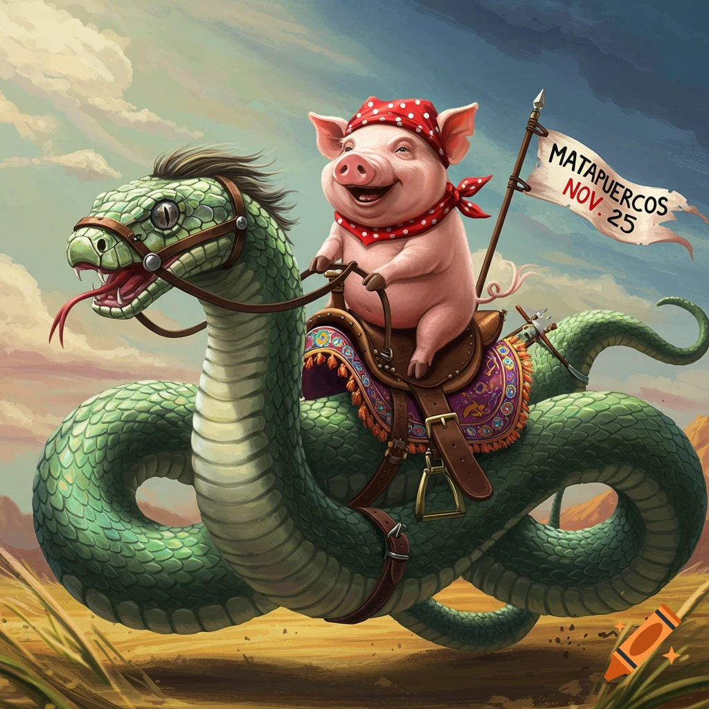 Whimsical illustration of a happy pig wearing bandanas, riding a large green snake across a desert landscape, holding a flag that reads "MATAPUERCOS NOV. 25".