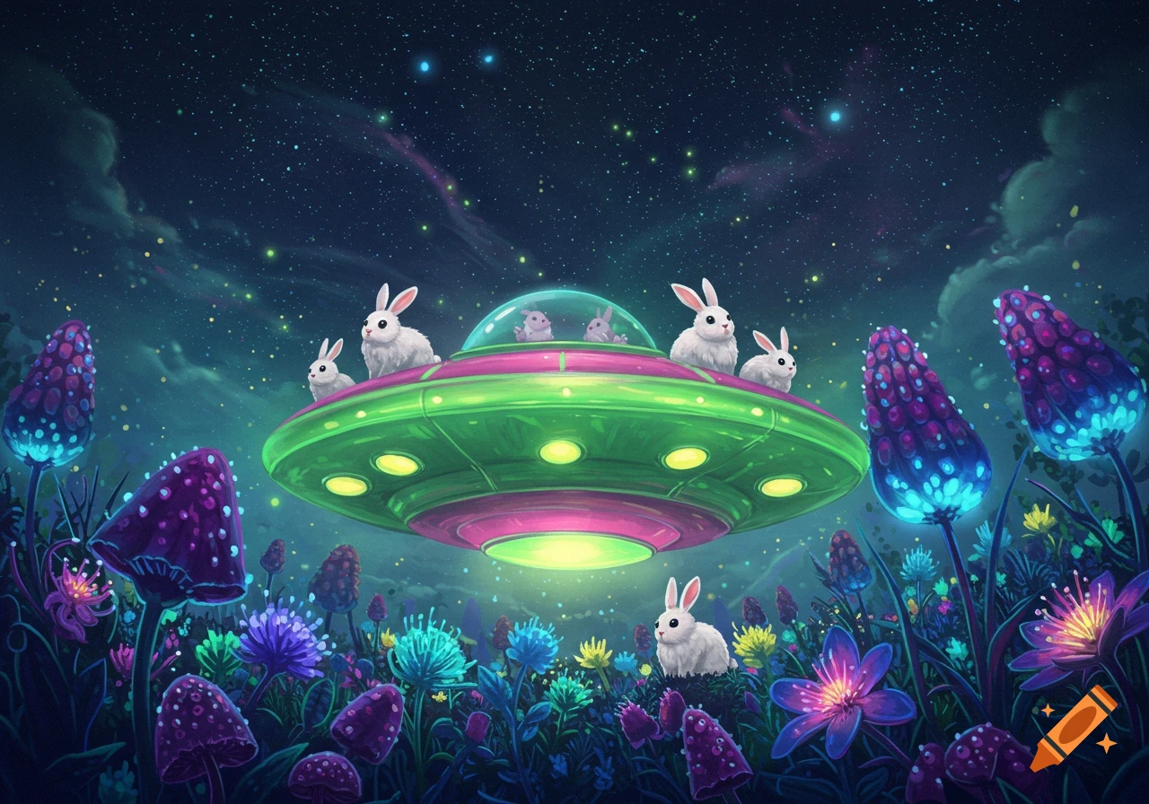 An illustrative scene of white bunnies on and around a colorful UFO, surrounded by glowing alien flowers under a starry night sky.