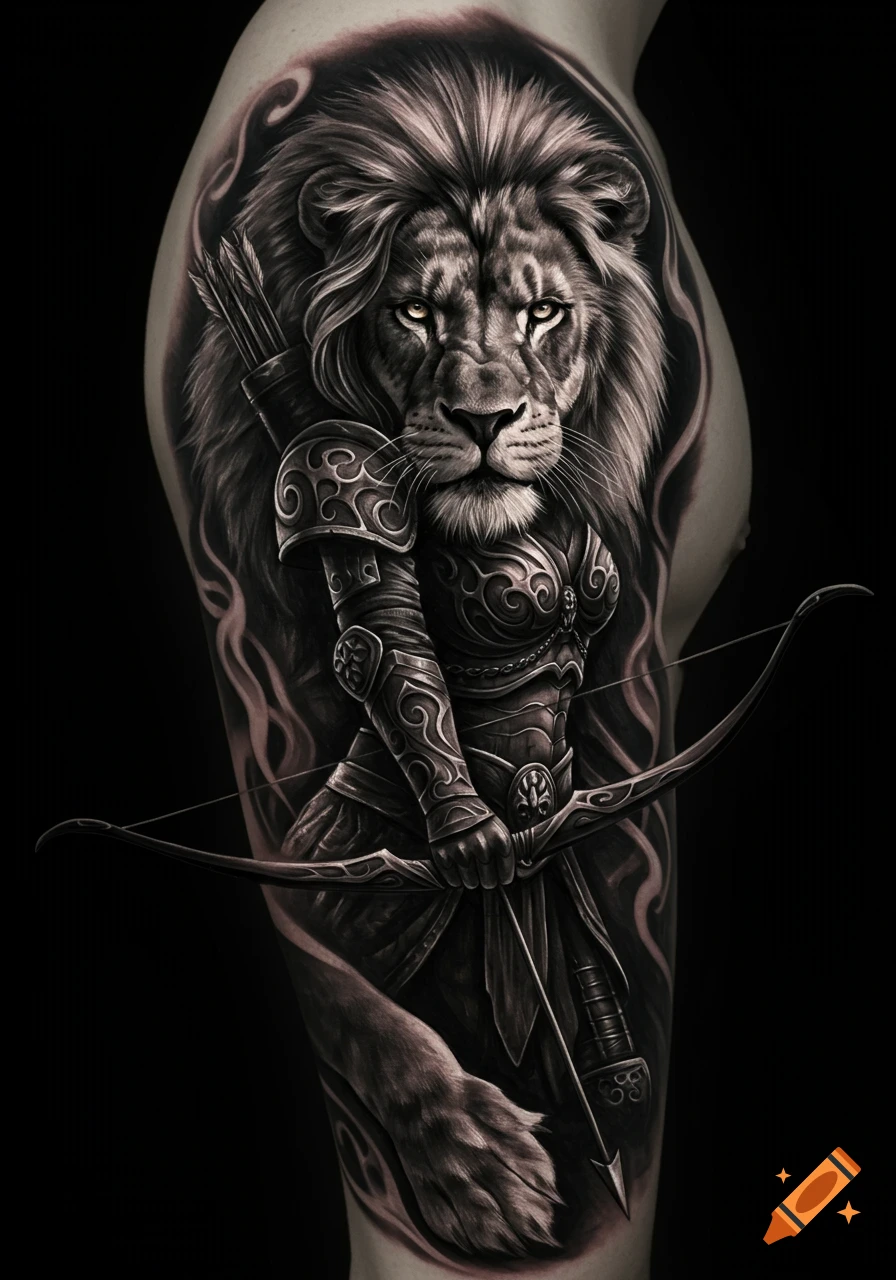 A realistic black-and-gray tattoo of a fierce lion warrior with a bow and arrow, on light skin.