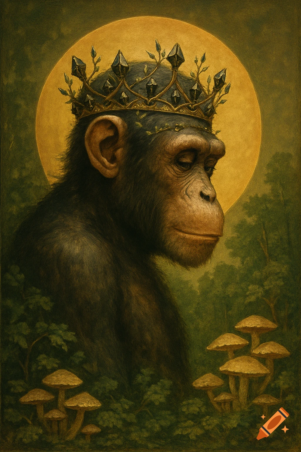 A pensive chimpanzee in profile, wearing an ornate, jeweled crown and a golden halo, in a dark, mystical forest with glowing mushrooms.