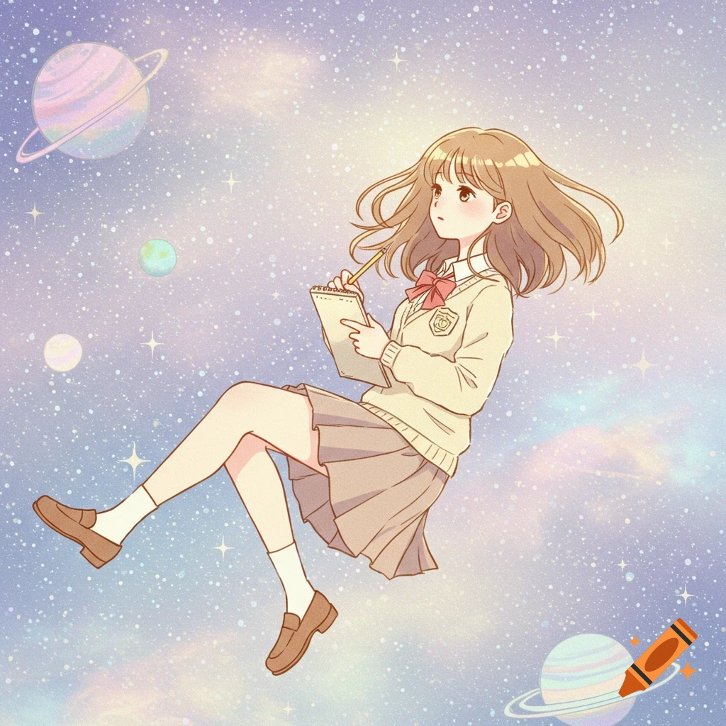 A cute anime girl in a school uniform floats in pastel outer space, holding a notebook and pencil, surrounded by stars and planets.