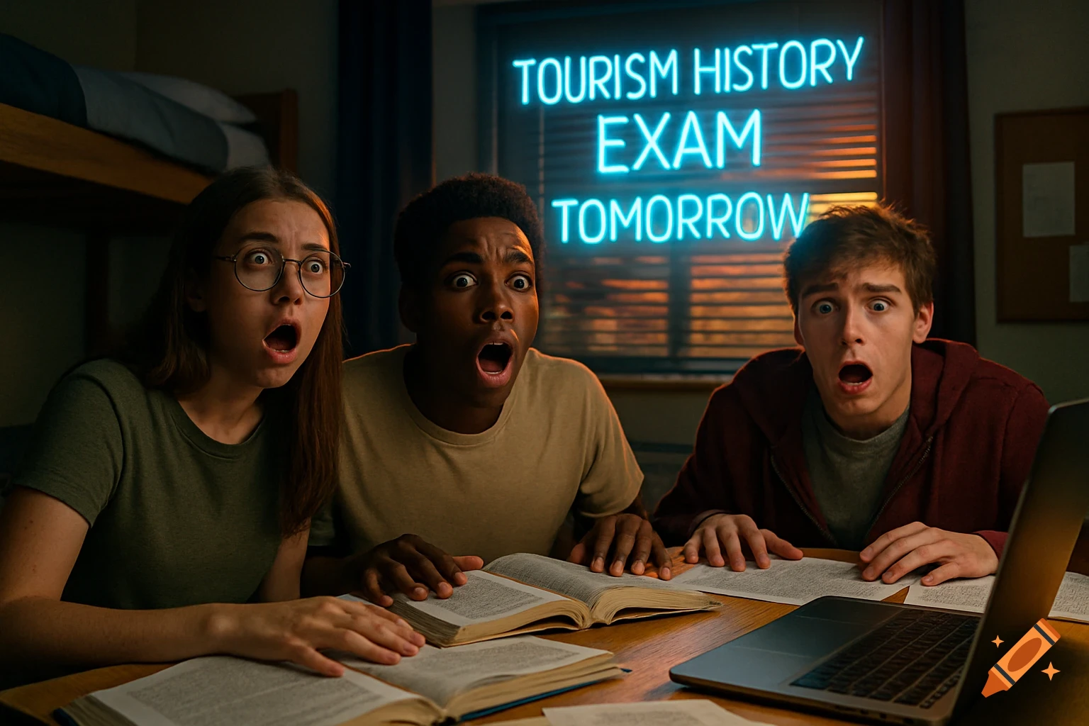 Three surprised students study late at night, shocked by a neon sign reading 'Tourism History Exam Tomorrow'.