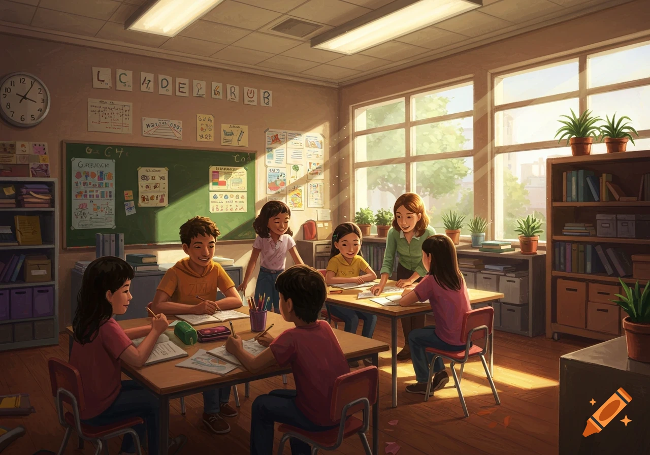 An illustration of a bright classroom with a teacher helping students at their desks during a lesson.