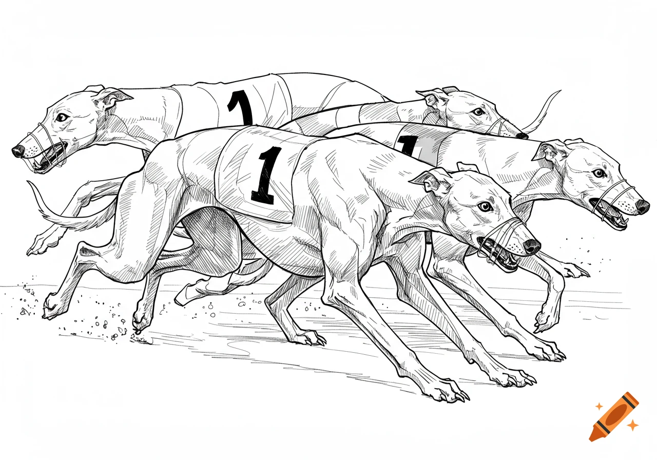 Black and white line drawing of four greyhounds wearing muzzles and numbered vests, racing across a track.