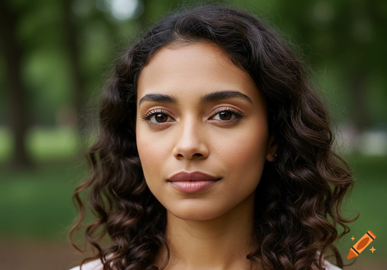 A close-up, photorealistic portrait of a young woman with dark curly hair and brown eyes, looking directly at the viewer.
