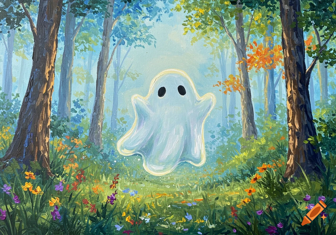 A cute, glowing white ghost with black eyes floats in a vibrant forest clearing filled with colorful wildflowers, depicted in an acrylic painting style.