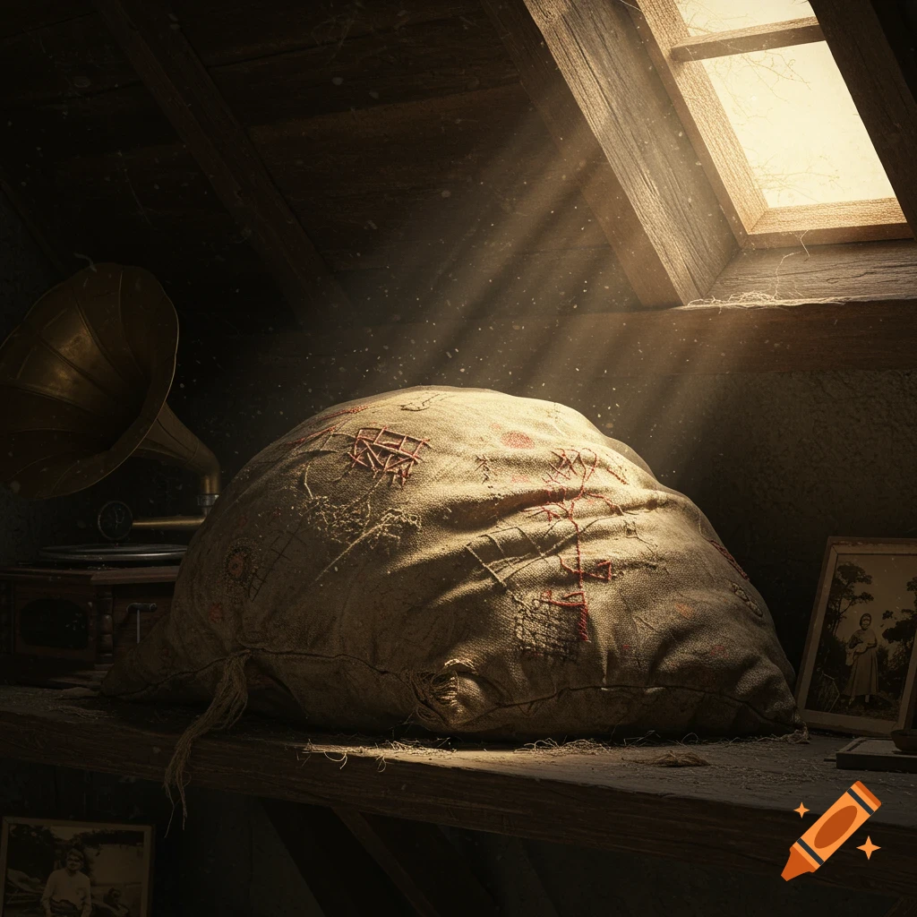 A dusty attic scene with a large burlap sack, an old gramophone, and sunbeams streaming through a window.