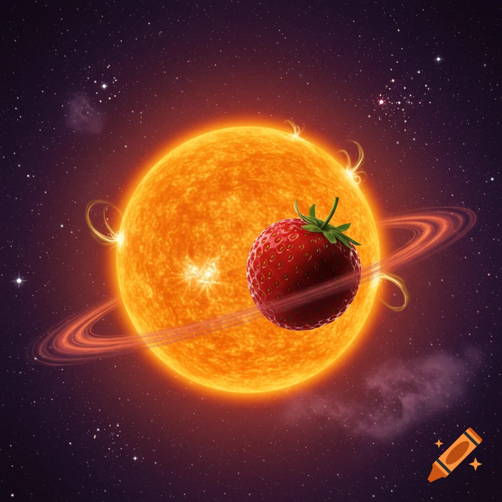 A vibrant red strawberry, shaped like a planet, orbits a large glowing orange sun-like star with rings in a dark, star-filled purple galaxy.