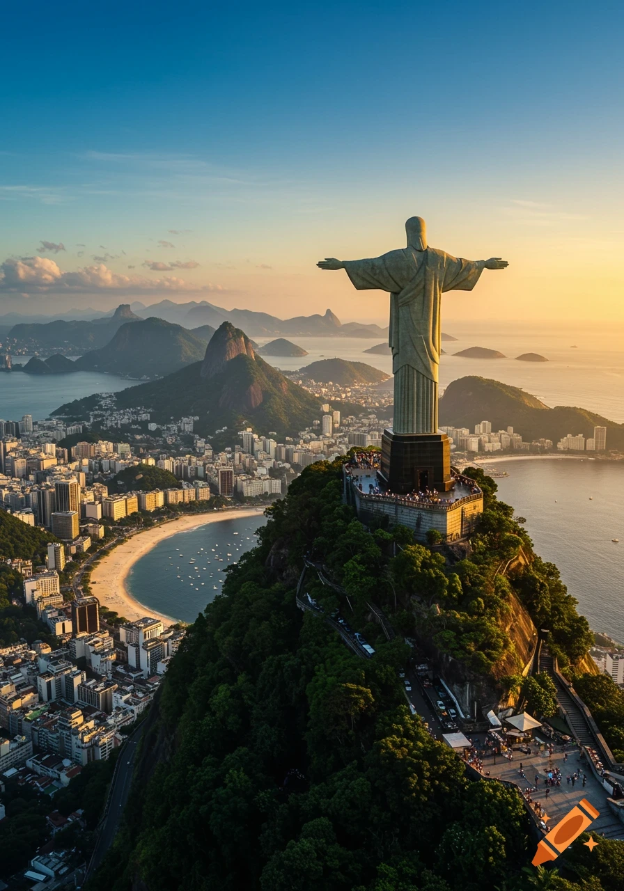 Photorealistic aerial view of Christ the Redeemer statue overlooking Rio de Janeiro city and bay at sunset.