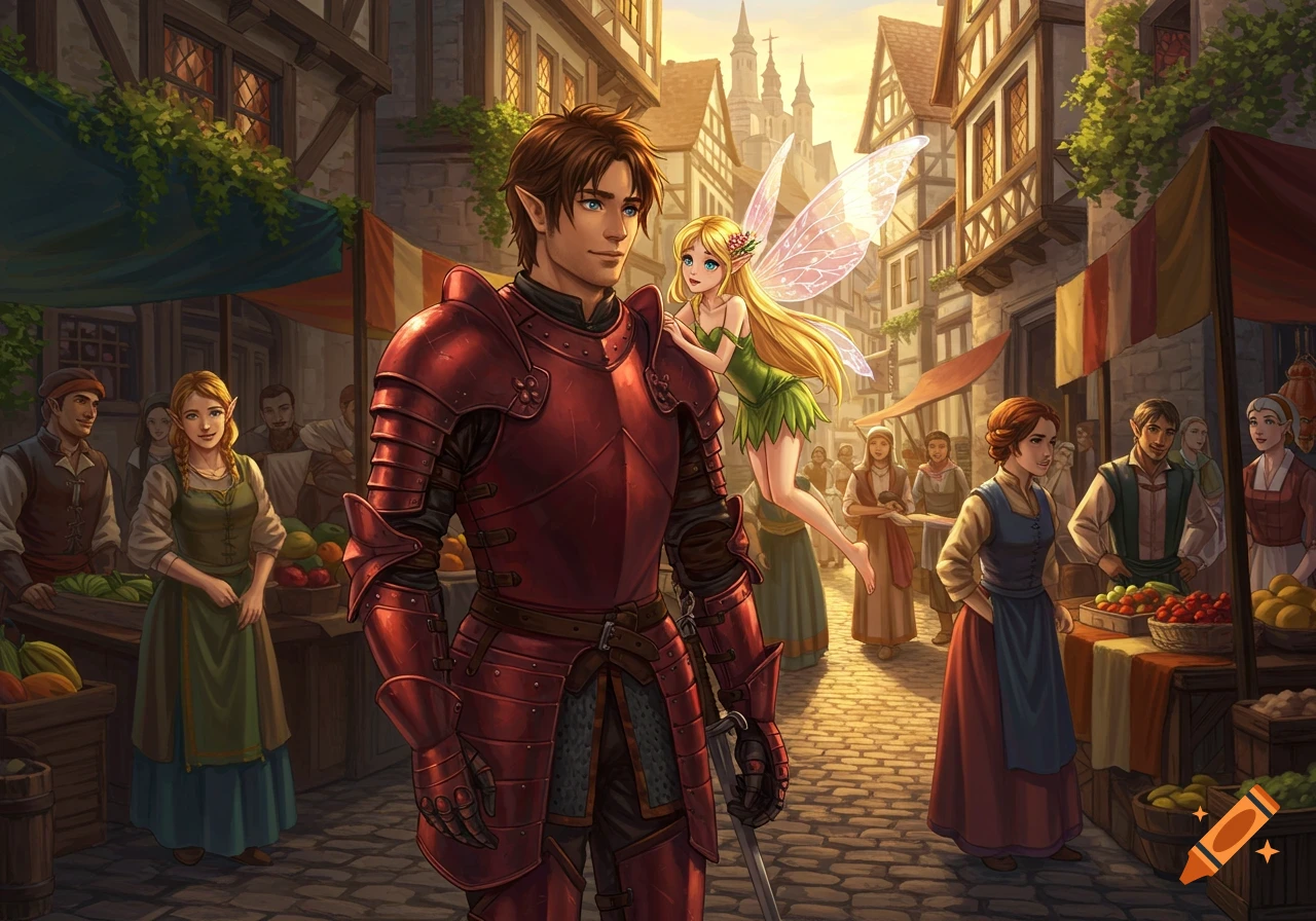 An anime-style elf knight in red plate armor stands in a bustling medieval marketplace, with a small blonde fairy hovering near his shoulder, at sunset.