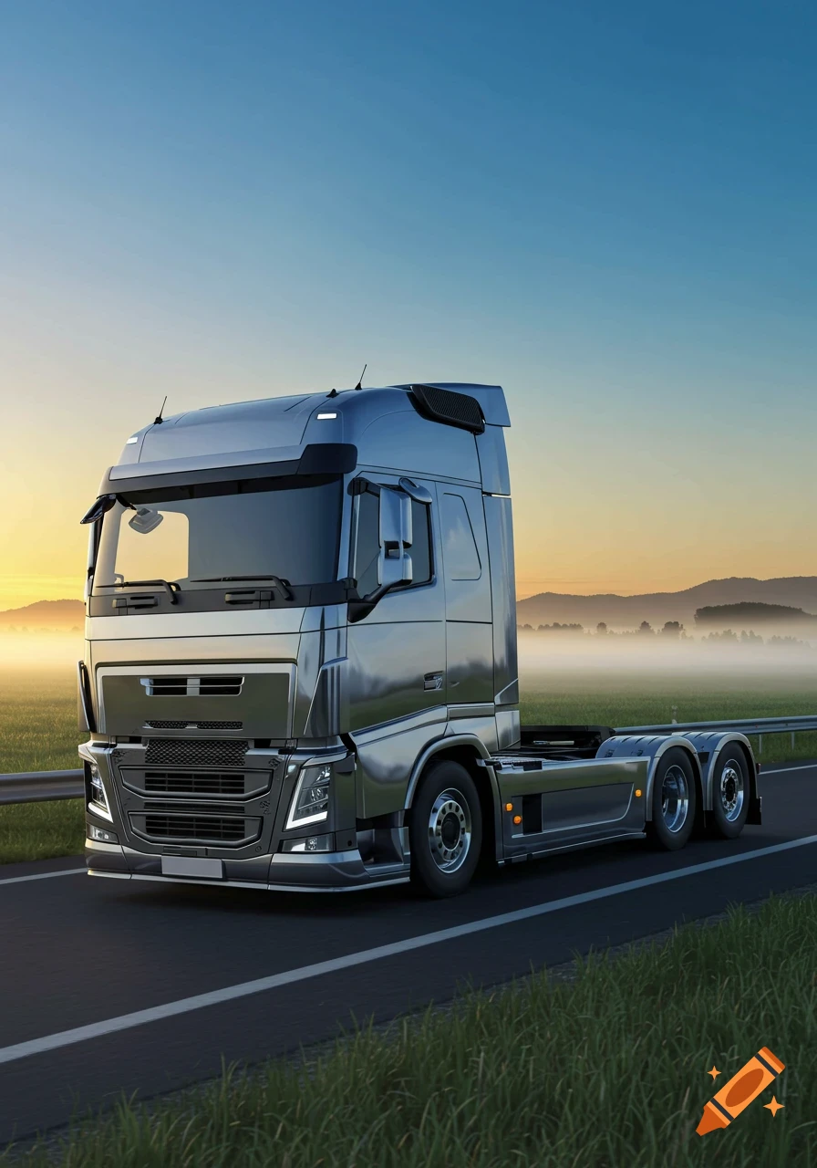 A gleaming silver semi-truck tractor unit drives on a highway at sunrise or sunset with a misty, mountainous landscape in the background.