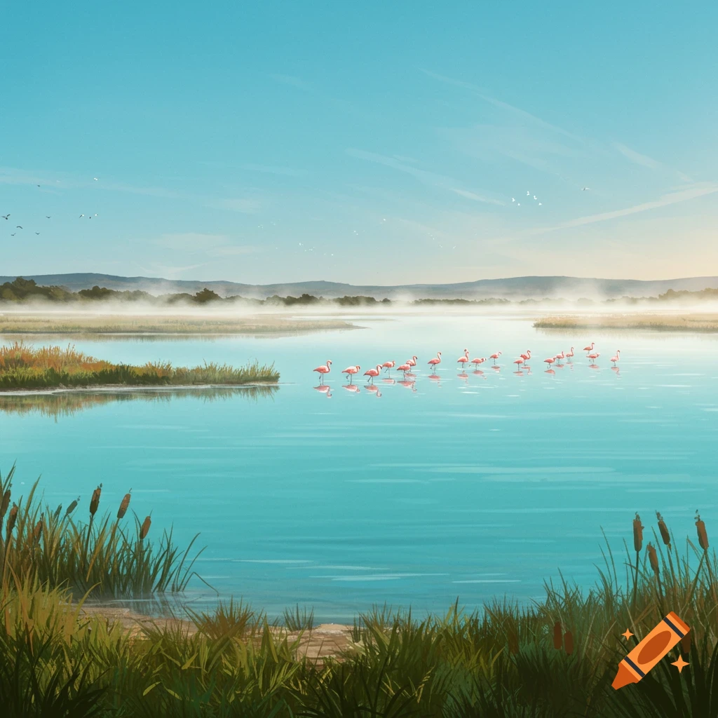 Pink flamingos wade in a tranquil blue wetland with grassy foreground and misty hills under a clear sky.