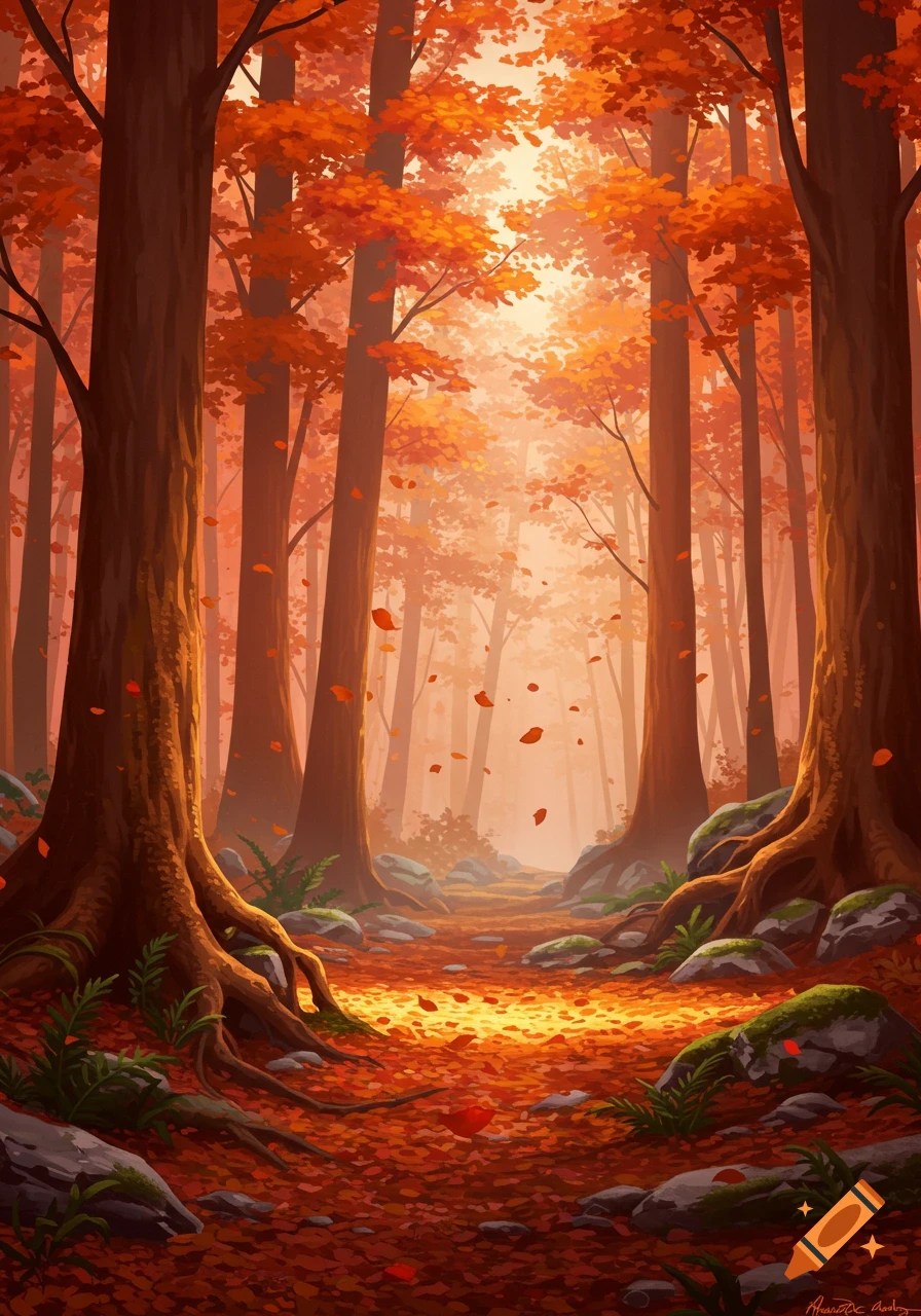An autumn forest path with tall trees and bright orange leaves falling, bathed in golden light.