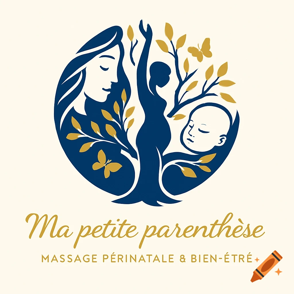A stylized blue and gold vector logo depicting a pregnant woman as a tree with branches, alongside a serene woman's face and a sleeping baby's face. Text below reads 'Ma petite parenthèse MASSAGE PÉRINATALE & BIEN-ÊTRÉ'.
