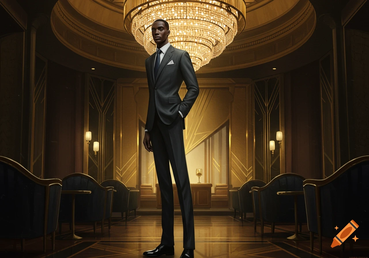 A tall man in a dark suit stands under a large, sparkling chandelier in a grand, luxurious Art Deco style room.