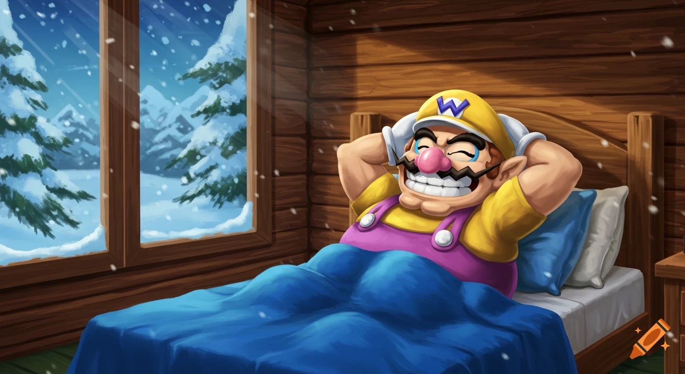 Wario relaxes in bed with a blue blanket in a wooden cabin, smiling with arms behind his head, as snow falls outside a window.