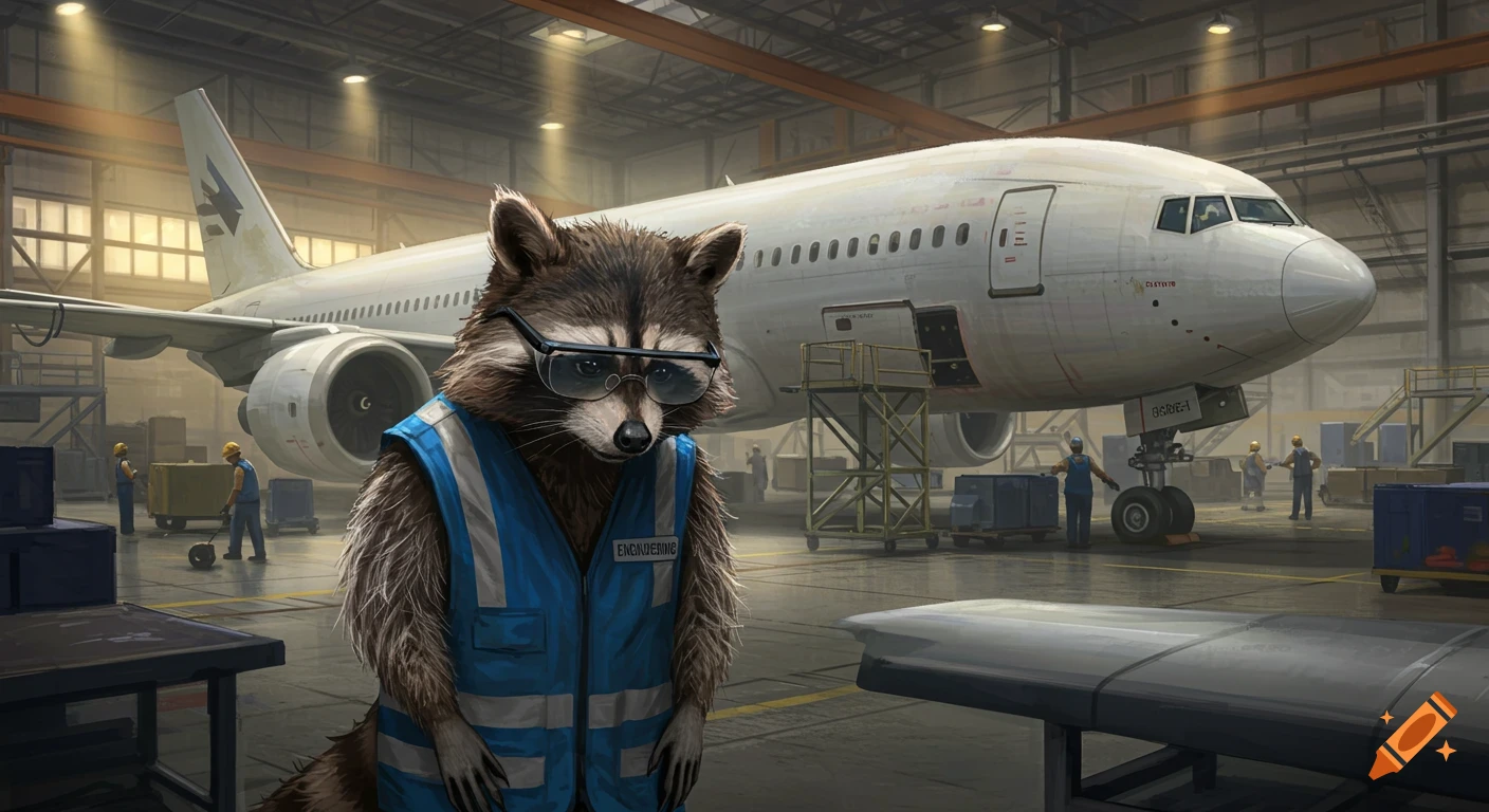 A tired raccoon with glasses and a blue 'ENGINEERING' vest stands in an airplane factory next to a large white Boeing 777.