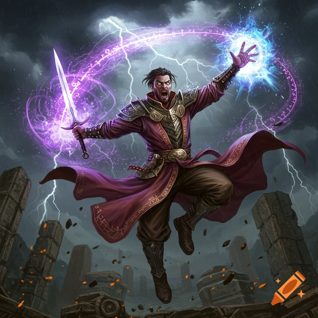 A dynamic fantasy illustration of a sorcerer in purple robes mid-air, holding a glowing sword and casting a blue spell during a lightning storm.