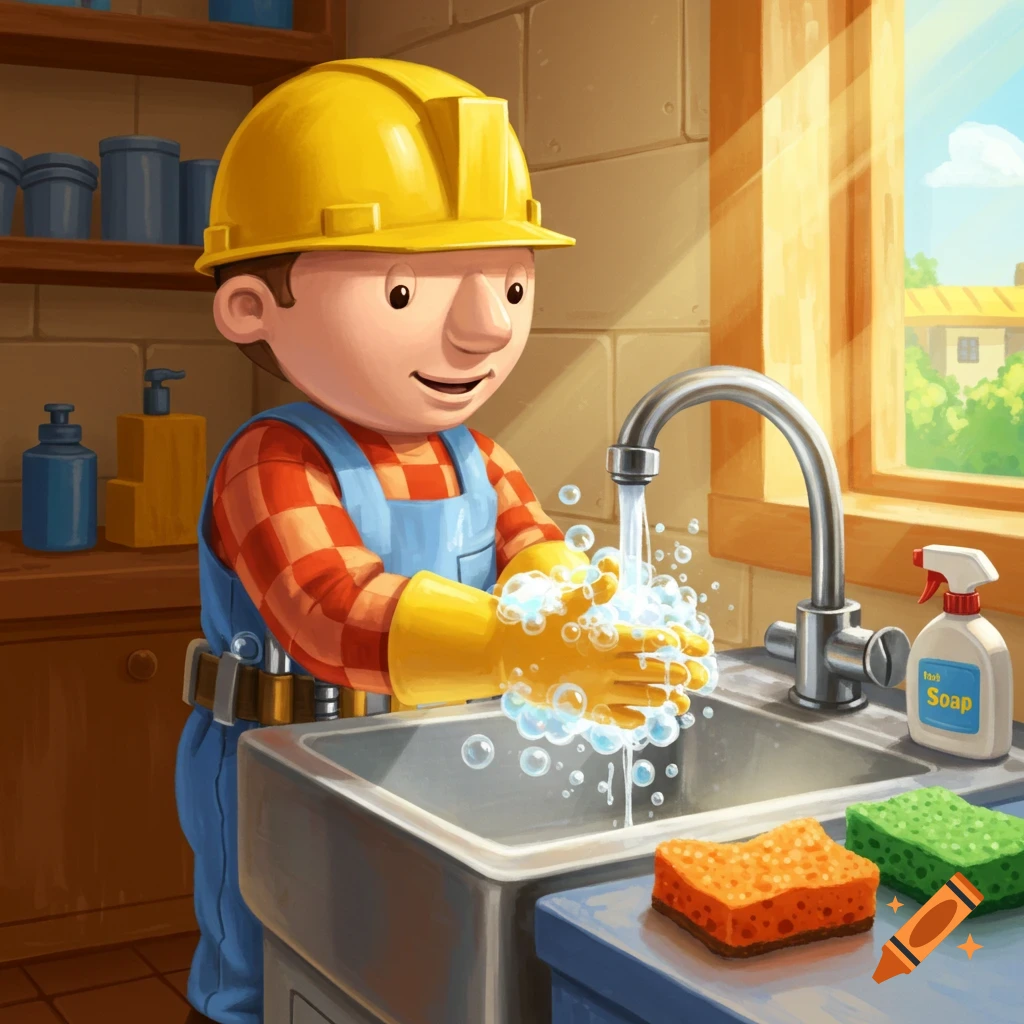 Bob the Builder cartoon character washing his hands in a kitchen sink with soap.