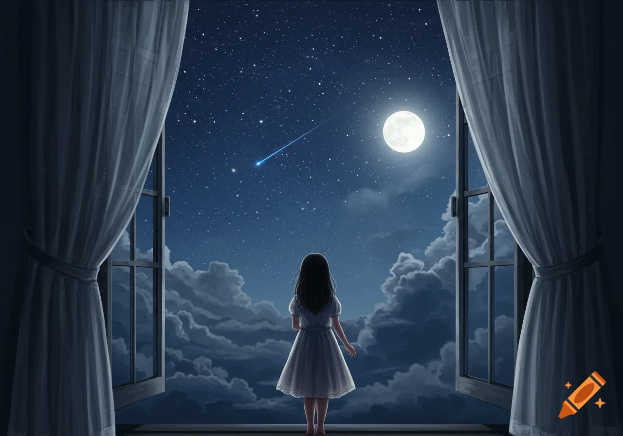 An anime girl in a white dress looks out a window at a starry night sky with a full moon, a shooting star, and clouds.