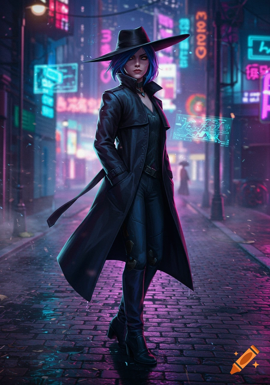 A woman with blue hair, a hat, and a black trench coat stands on a wet street in a neon-lit cyberpunk city at night.