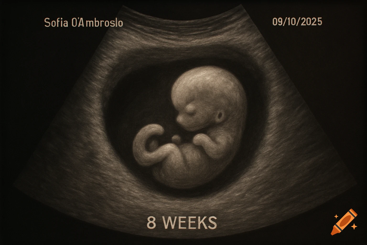 Stylized ultrasound image of an 8-week fetus, labeled Sofia O'Ambroslo and dated 09/10/2025.