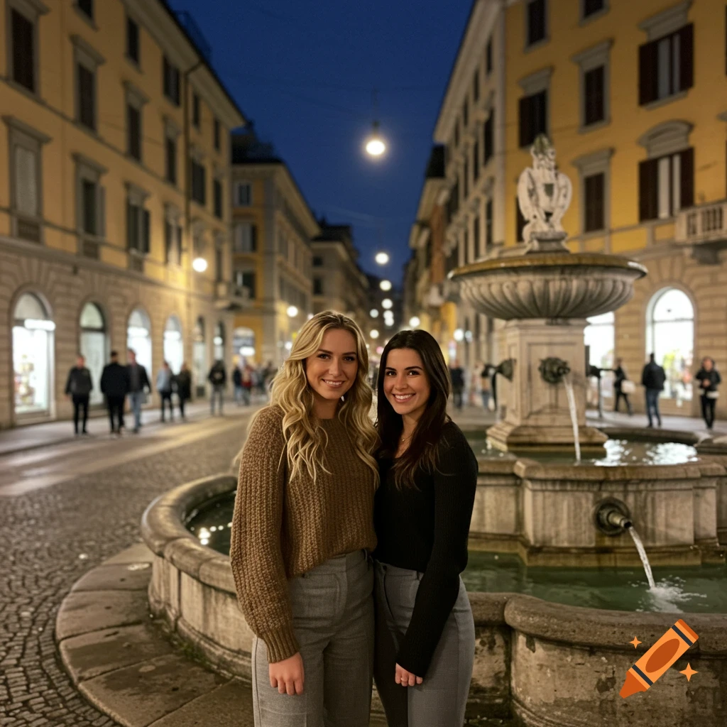 Two smiling women, one blonde and one brunette, pose by a lit stone fountain on a cobblestone street at night, with illuminated buildings in the background.