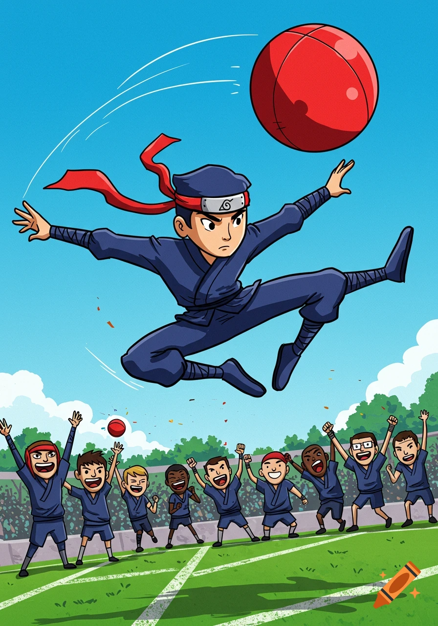 A cartoon ninja in a blue gi and red headband leaps to kick a red ball on a green field, with a cheering crowd watching.