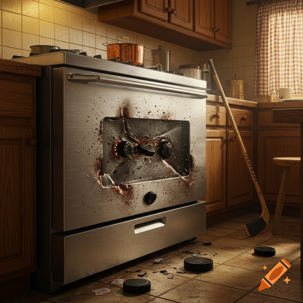 A photorealistic image of a kitchen with a stainless steel oven heavily damaged by multiple hockey pucks, surrounded by splatters and broken glass. A hockey stick leans against the counter.