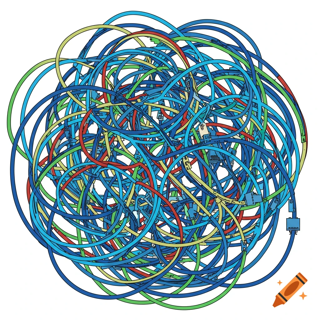 A tangled mass of colorful network cables with connectors, including shades of blue, green, yellow, and red, on a white background.