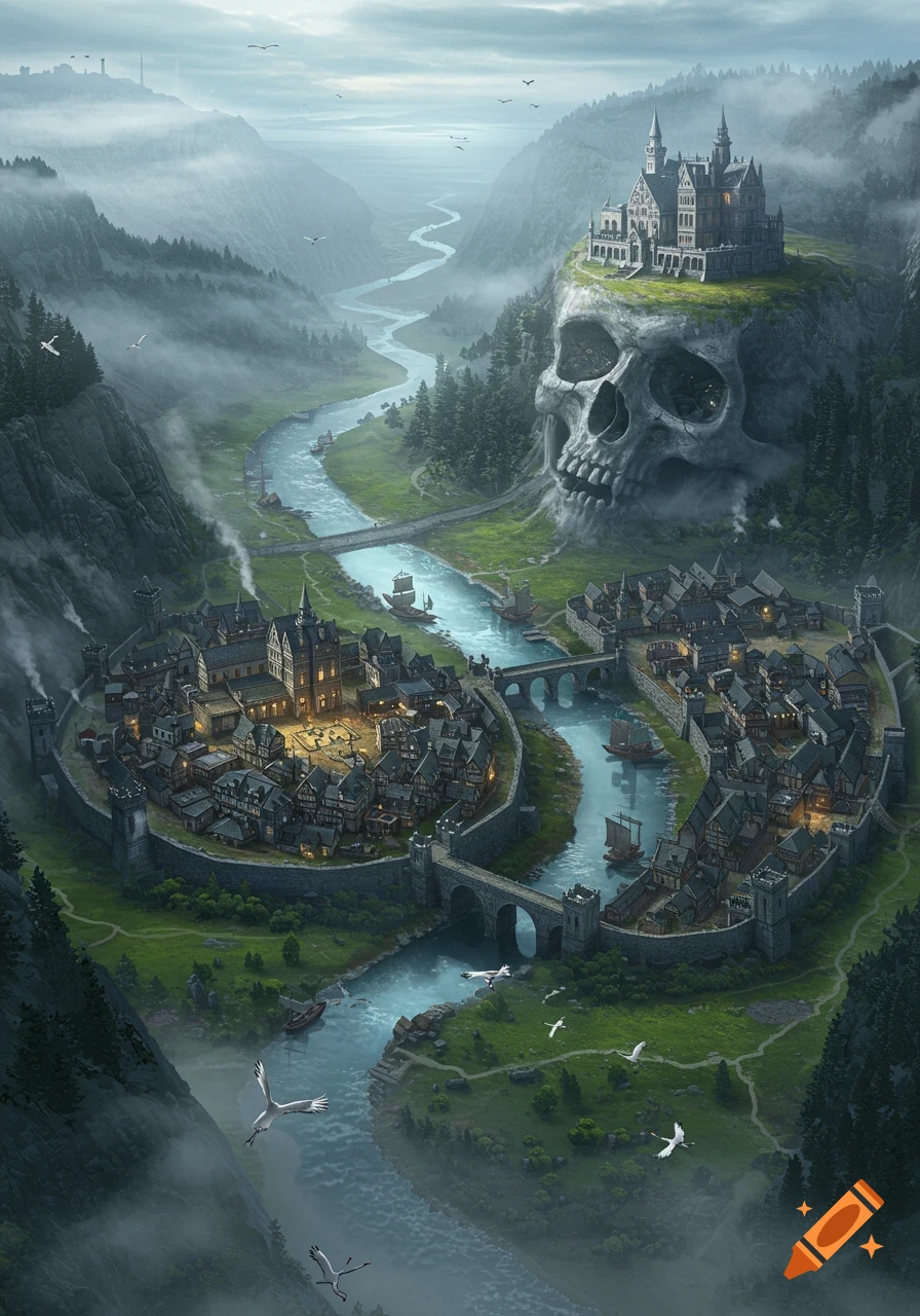 A top-down view of a fantasy medieval town nestled in a misty valley, with a river and a castle built atop a giant skull mountain.