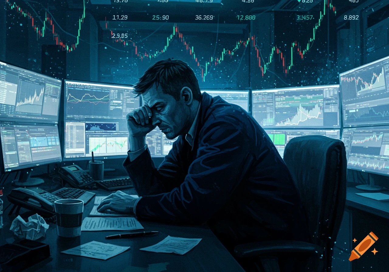 A frustrated day trader intensely watches multiple stock market screens displaying charts and numbers in a dimly lit office.