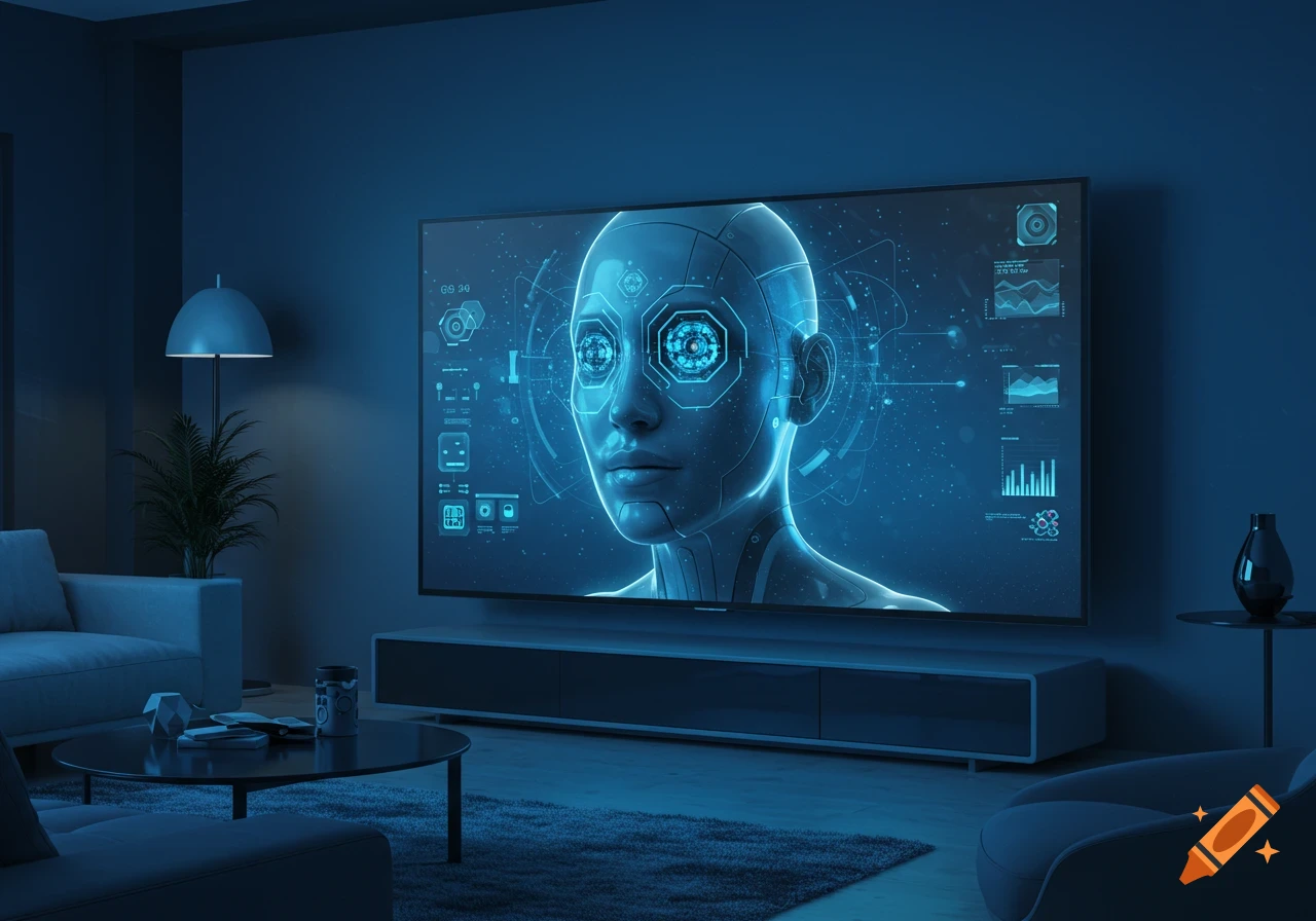 A futuristic blue-lit robot head with octagonal eyes displayed on a large smart TV in a modern living room.